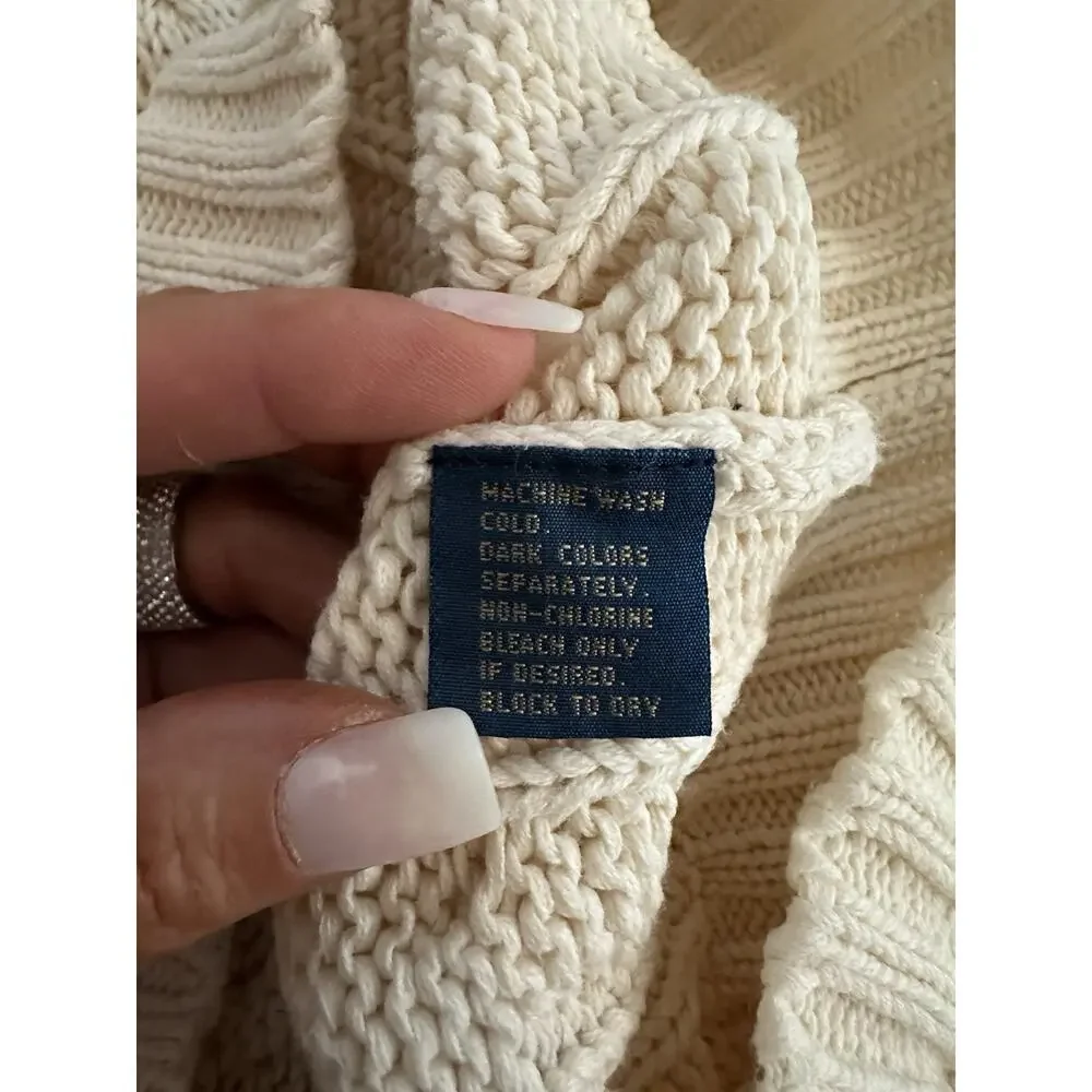 VTG Ralph Lauren CHAPS Large HANDFRAME Cream V Neck Cable Knit Sweater Preppy